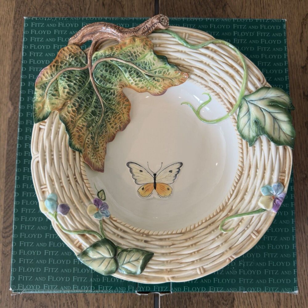 Fitz and Floyd Old World Rabbits Serving Bowl 12” Basketweave Butterfly Vintage
